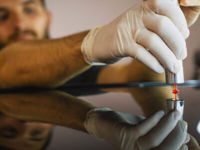 Photo of a process dent removing without paint, young professional worker makes dent repair on the car roof in the service. . High quality photo